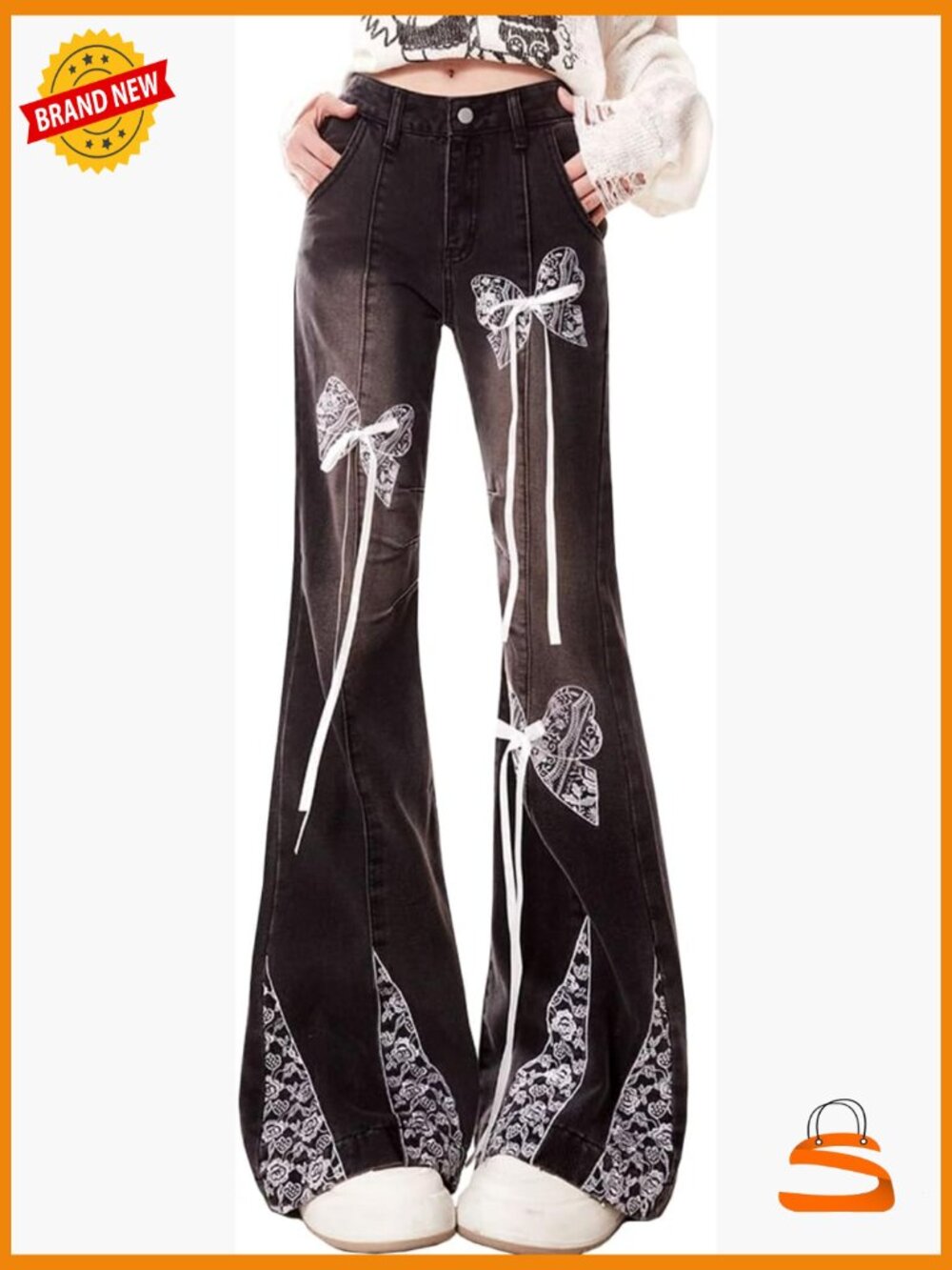 High Waisted Bell Bottom Jeans with Bow Tie Lace Y2K Gothic